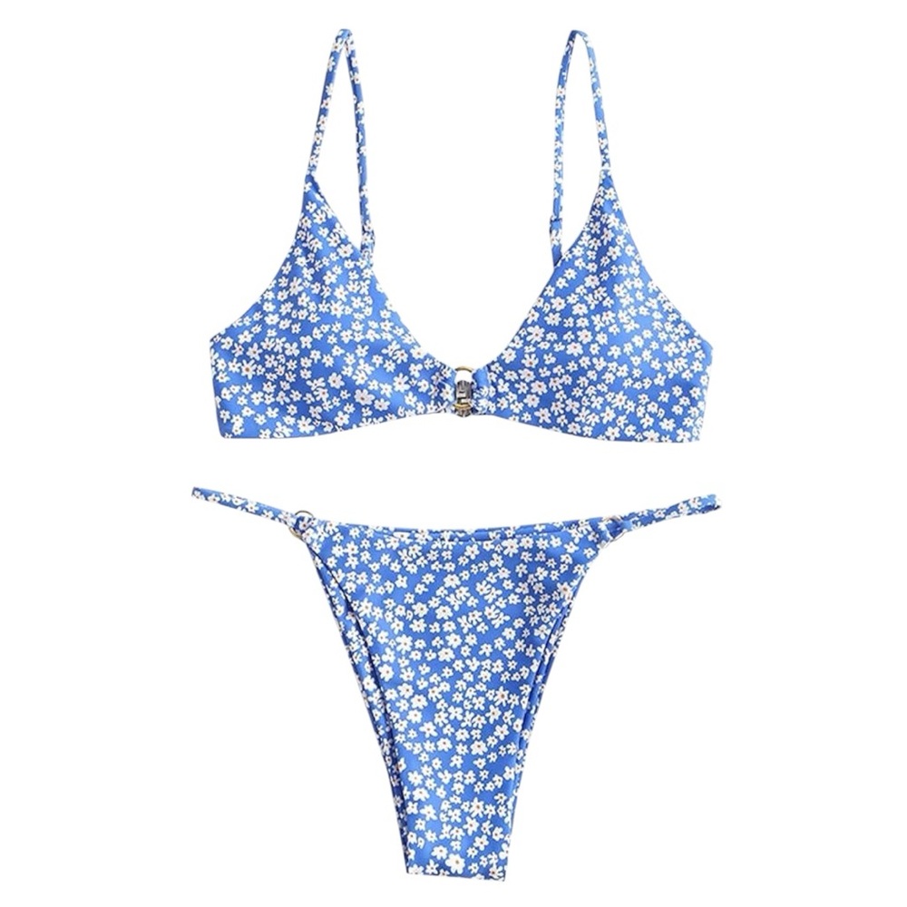 Zaful Blue Floral Daisy Bikini Set Two-Piece Swimsuit Womens Comfortable Straps